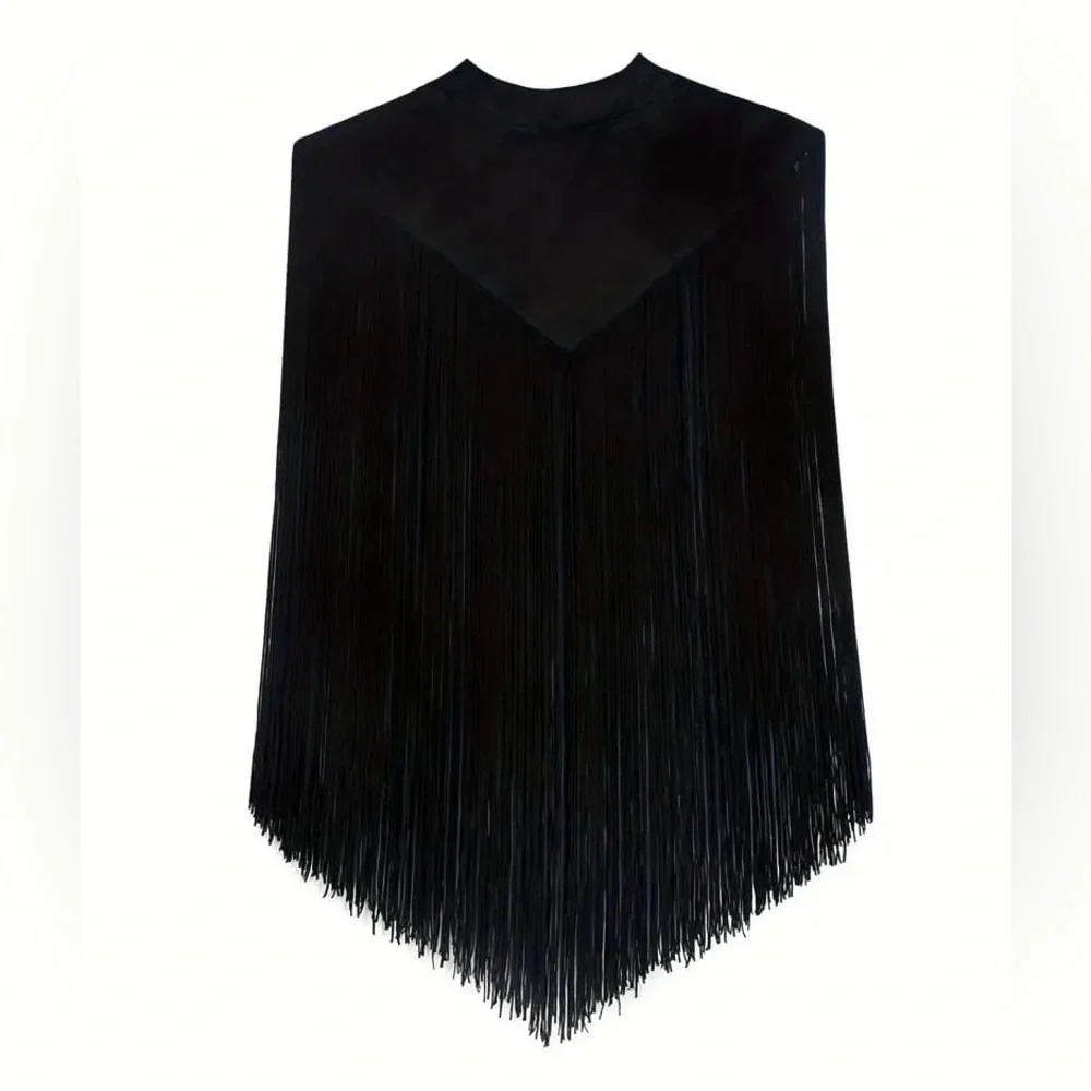 Tassel Trim Mock Neck Crop Shawl Cloak - Picture 6 of 6
